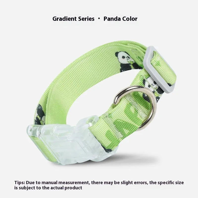 Cartoon patterned adjustable nylon dog collar in gradient colour and panda green, shown in S, M, L sizes.