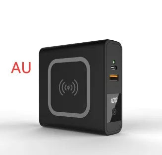 Black and white 10000mAh power bank with wireless charging surface and foldable plug