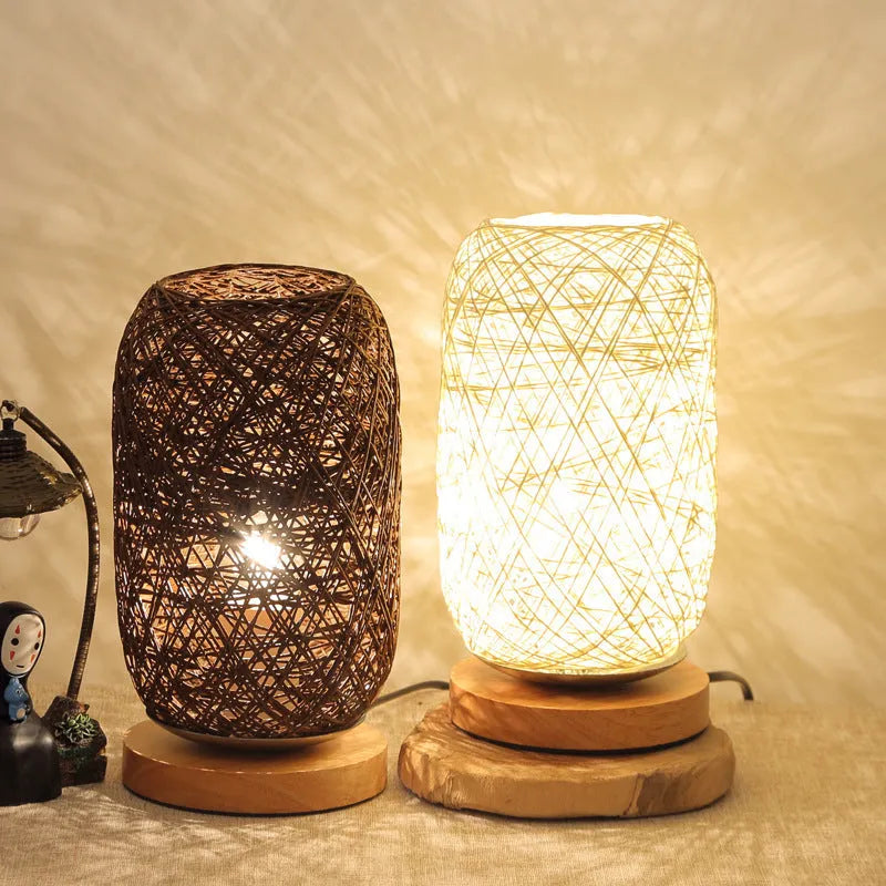 Natural hemp twine Sepak Takraw desk lamp with solid wood base in brown colour