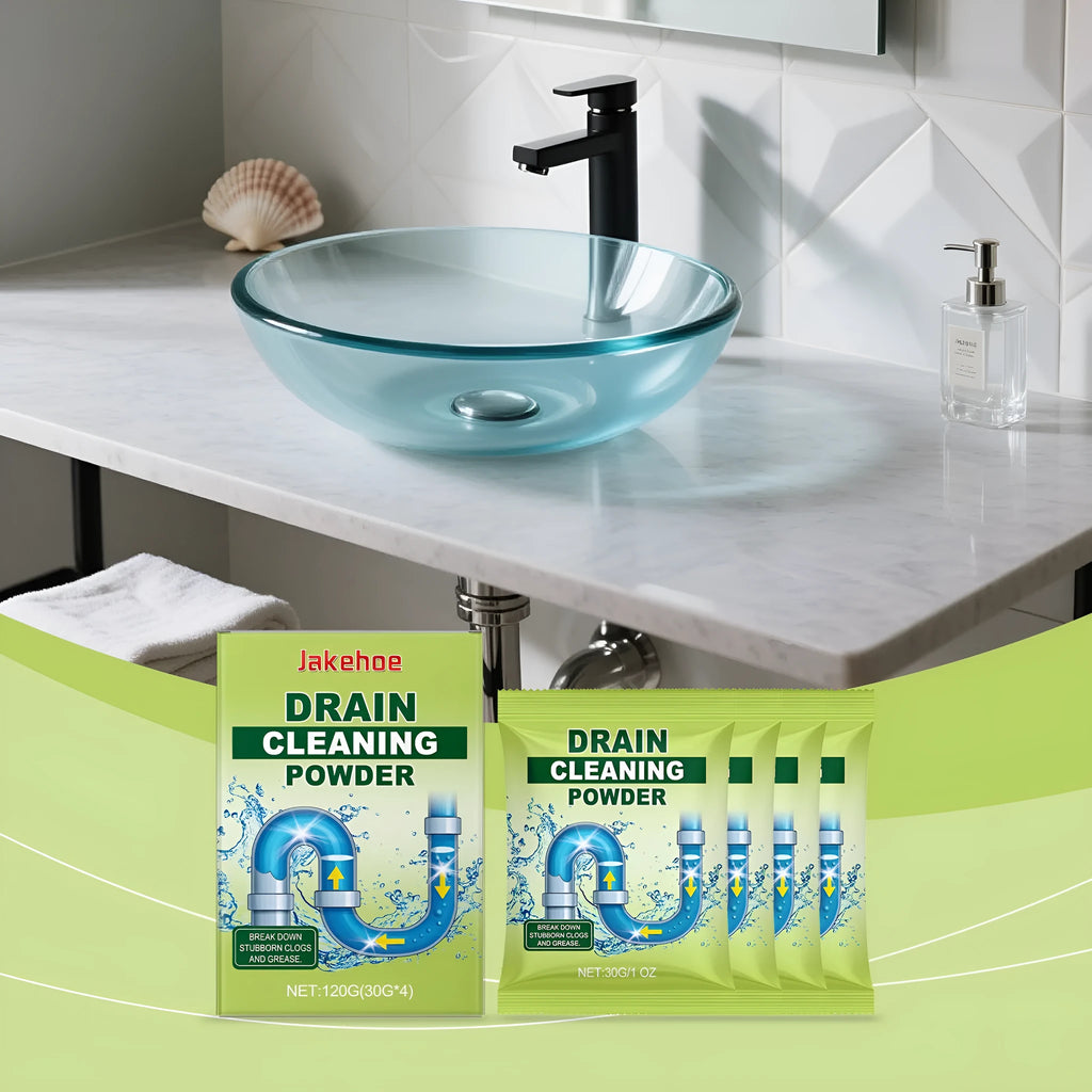 120G pack of drain unblocking powder for sinks and pipes with sodium hydroxide formula.