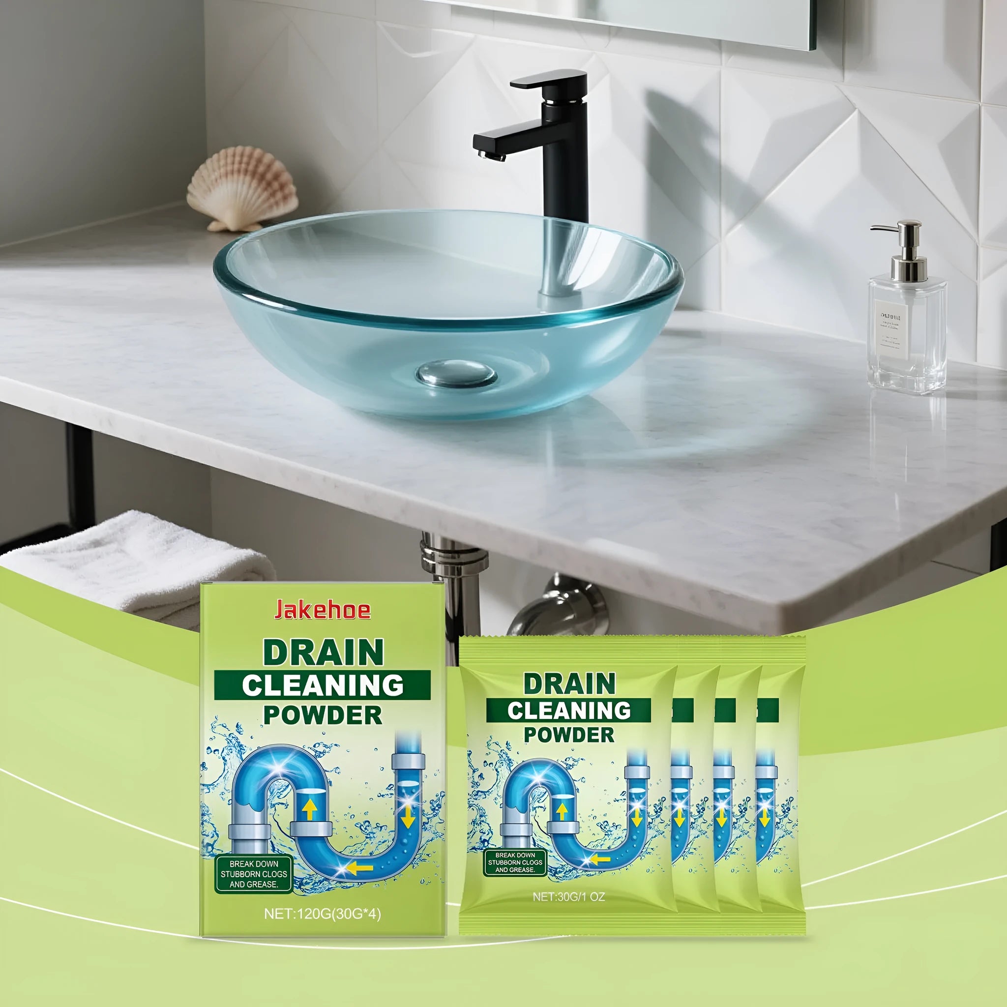 120G pack of drain unblocking powder for sinks and pipes with sodium hydroxide formula.