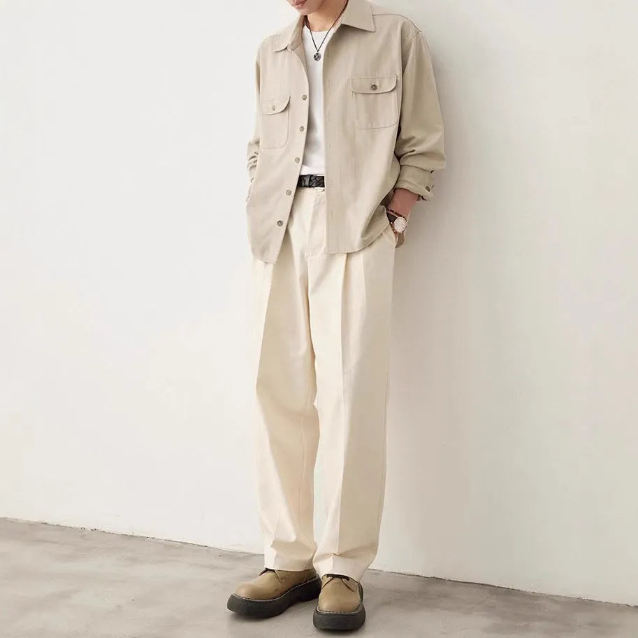 Men's long sleeve shirt with lapel collar in Light Sand Rice colour, simple profile.