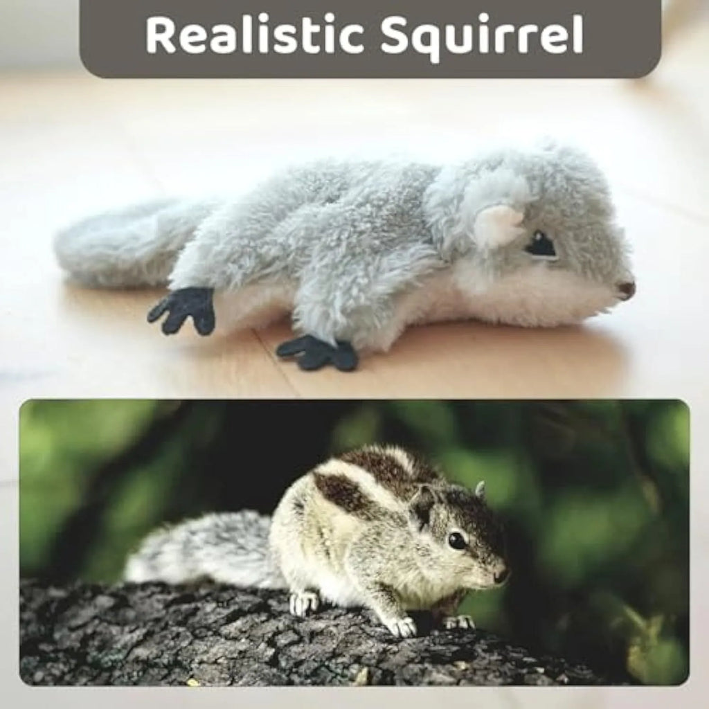 Gray flapping squirrel cat toy with wings open, USB rechargeable, containing catnip