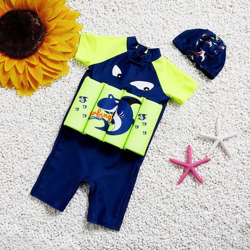 Shark Boy pattern children's buoyancy swimsuit with sun protection for pool activities