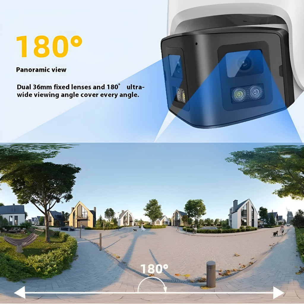 4MP dual-lens panoramic belt security camera with IP66 waterproof rating for indoor outdoor surveillance