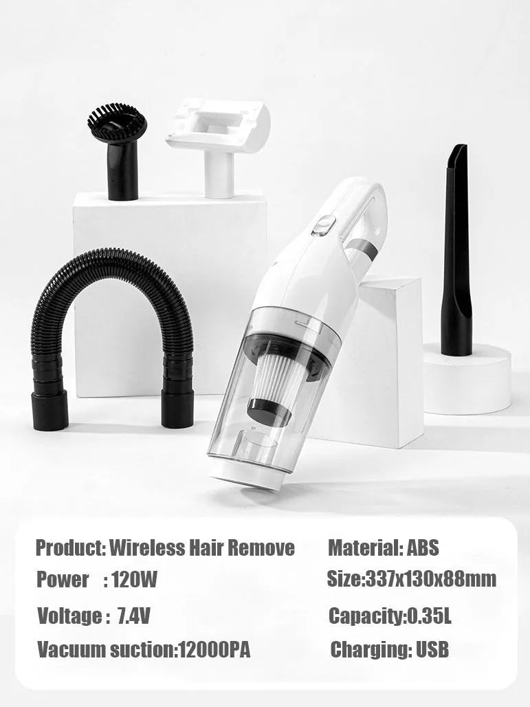 Cordless electric pet hair absorber with 28000Pa suction, white colour, shown on a sofa