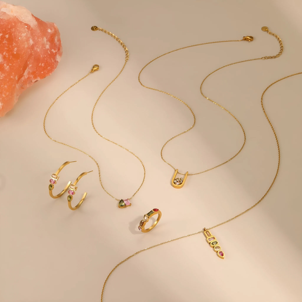 Geometric colour zircon jewellery set with gold plated necklace, ring and earrings on stainless steel