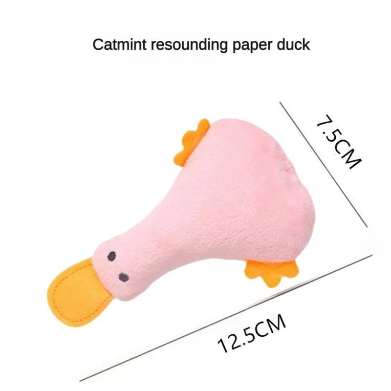 Yellow duck plush pet toy with catnip filling and squeaker for cats and dogs
