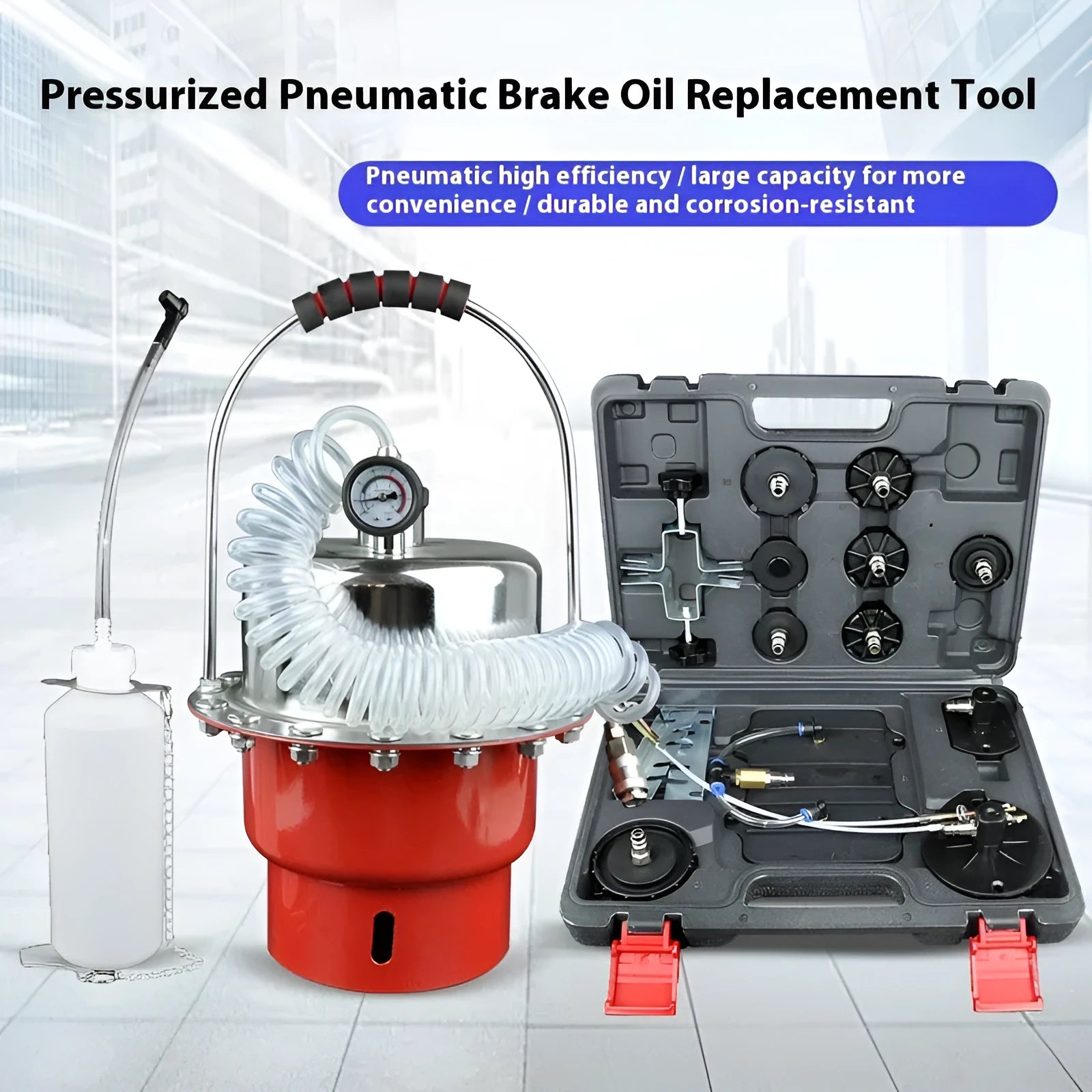 Pneumatic brake fluid replacement machine with pressure gauge and regulator