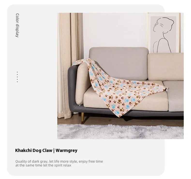 Double-sided dog blanket with cartoon anime pattern in blue dog print, shown beside size options