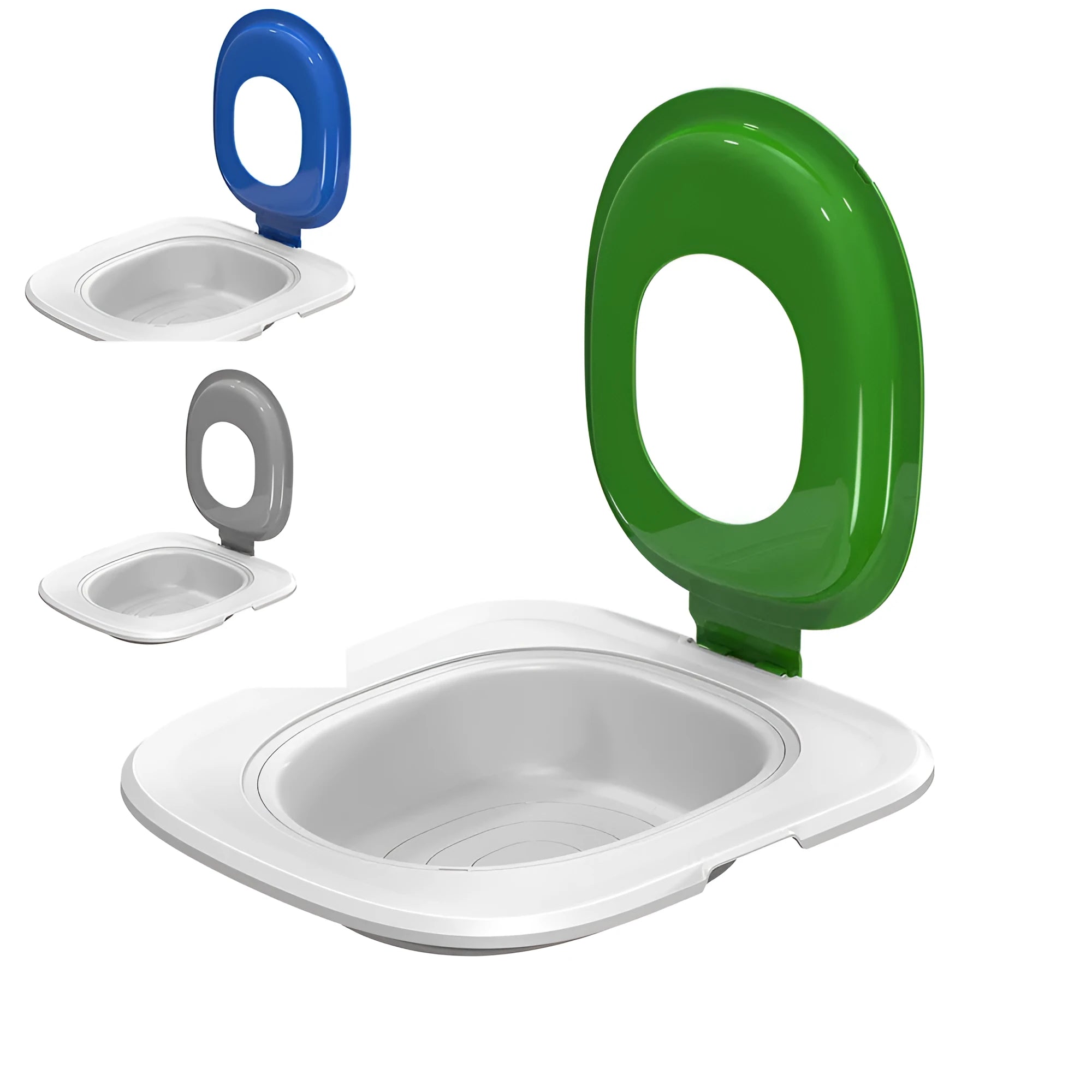 Fifth generation cat toilet trainer with removable litter mat in blue, grey, or green colours.