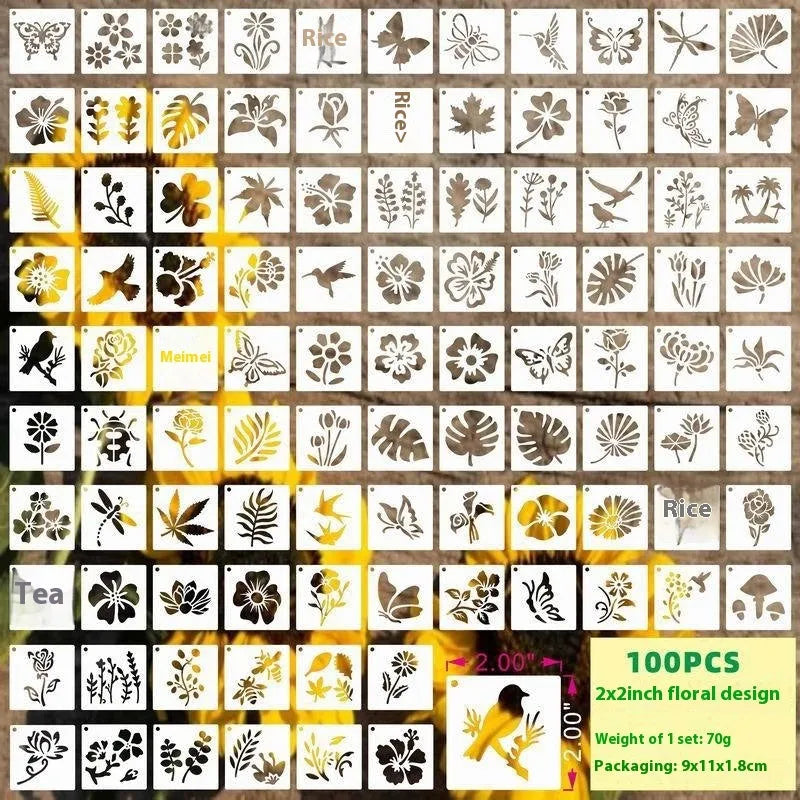 Milky white PET film 2-inch spray painting templates showing hollow cut patterns including animals, flowers, letters, and ocean themes
