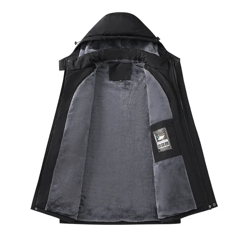 Plus size men's black waterproof hooded winter coat on a hanger.