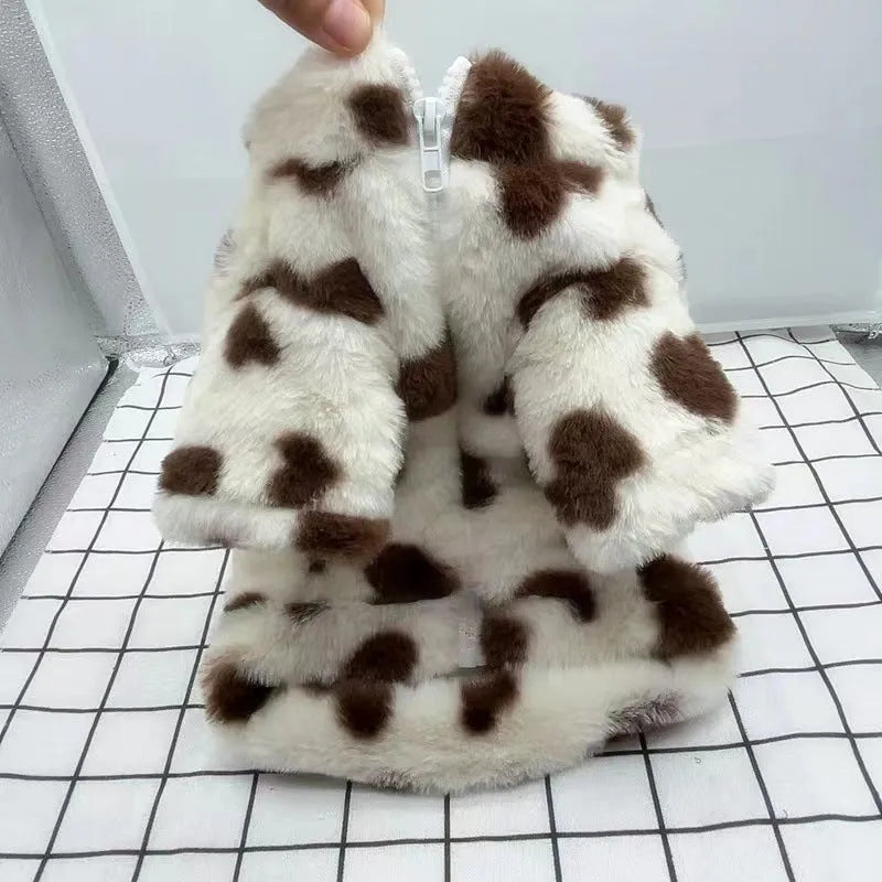 Polyester plush warm coat for small dog breeds in pink and brown colour options showing British-style design