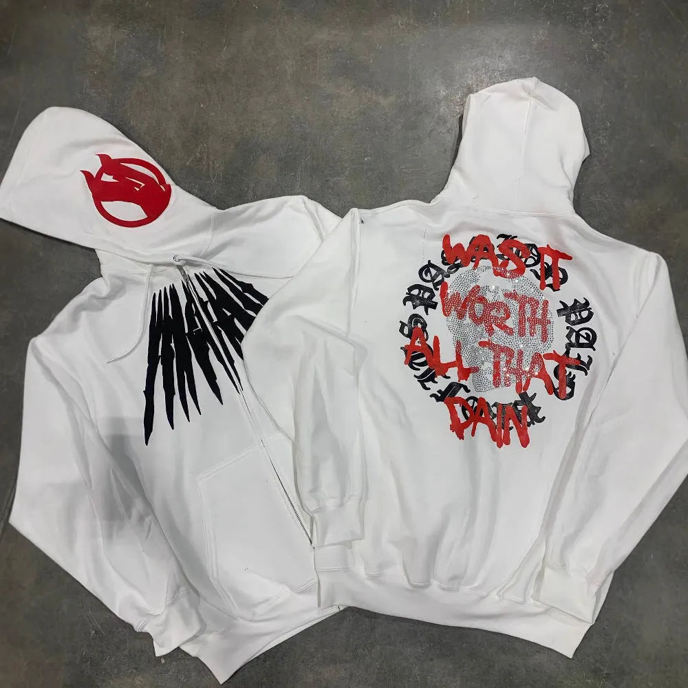 Printed skull rhinestone loose hooded sweatshirt cardigan in black or white colour options