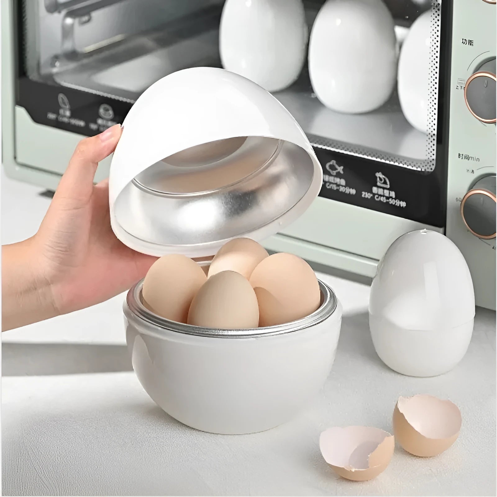 White microwave egg steamer in egg shape with lid, holds up to 4 eggs for hard or soft boiled cooking