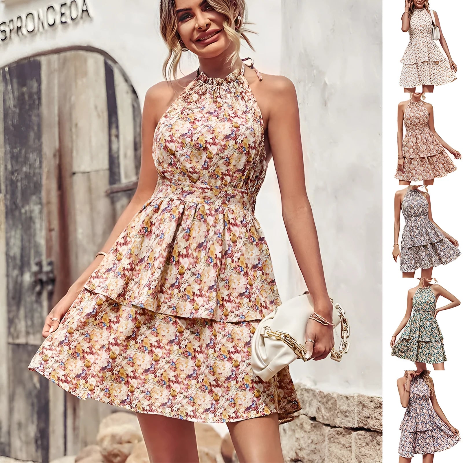 Women's halter neck backless summer dress in A-line silhouette with ruffle detail