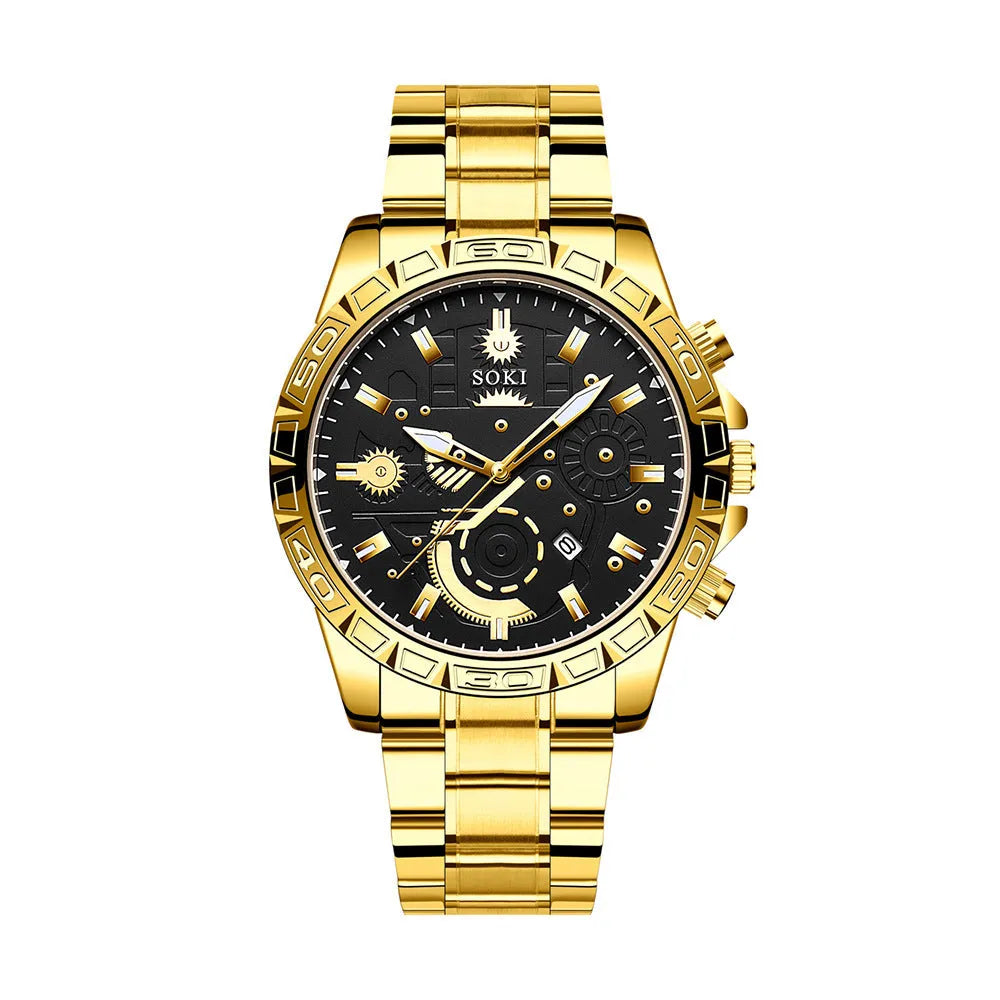 Men's gold stainless steel business quartz watch with calendar function on steel strap
