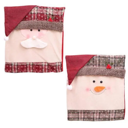 Christmas chair set with Santa Claus and Snowman covers and red Santa hat on standard dining chairs
