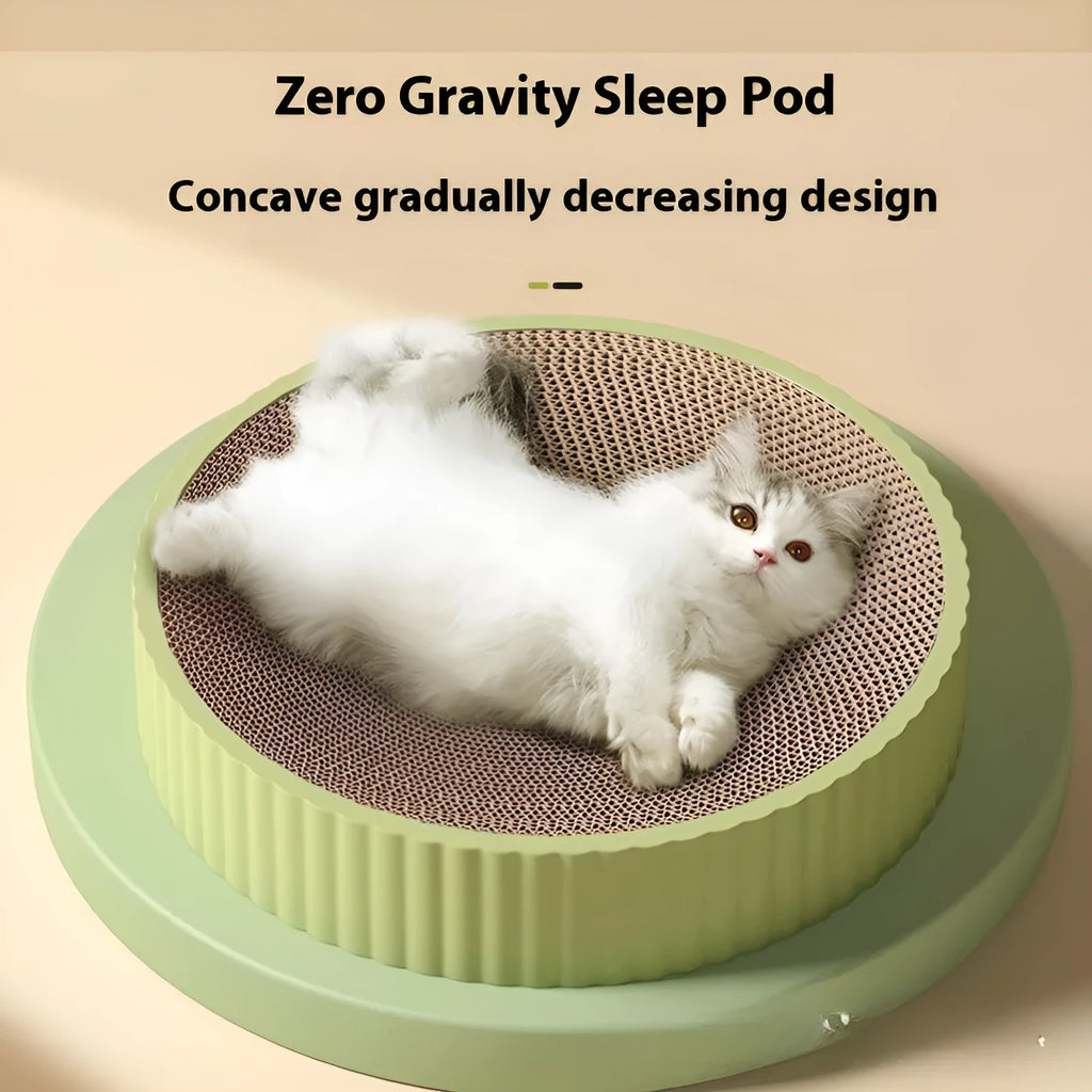 Round green and white cat scratching board with replaceable refills, 55cm diameter