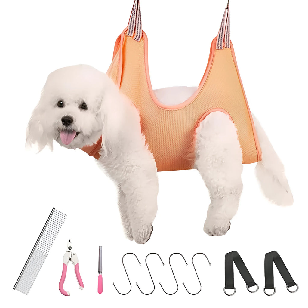 Pet grooming hammock in breathable sandwich fabric for small and medium cats and dogs with leg openings