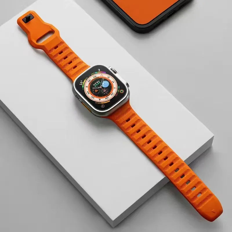 Fluoro rubber Apple Watch replacement strap in multiple colours with T buckle, compatible with Ultra and Series 8 to 1 models.