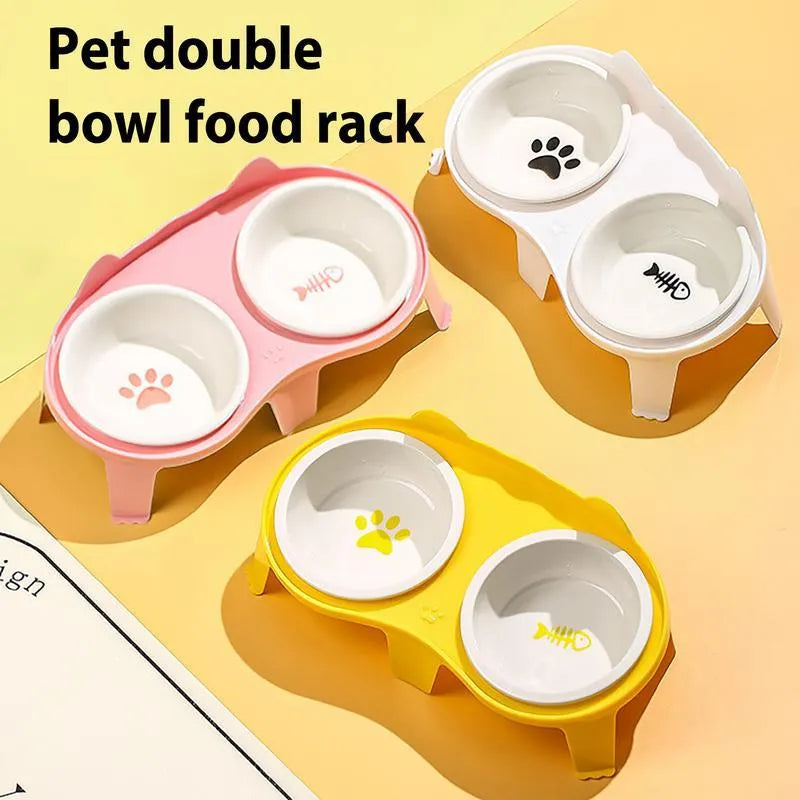 Ceramic cat food and water bowl set on elevated stand with hook design in blue colour