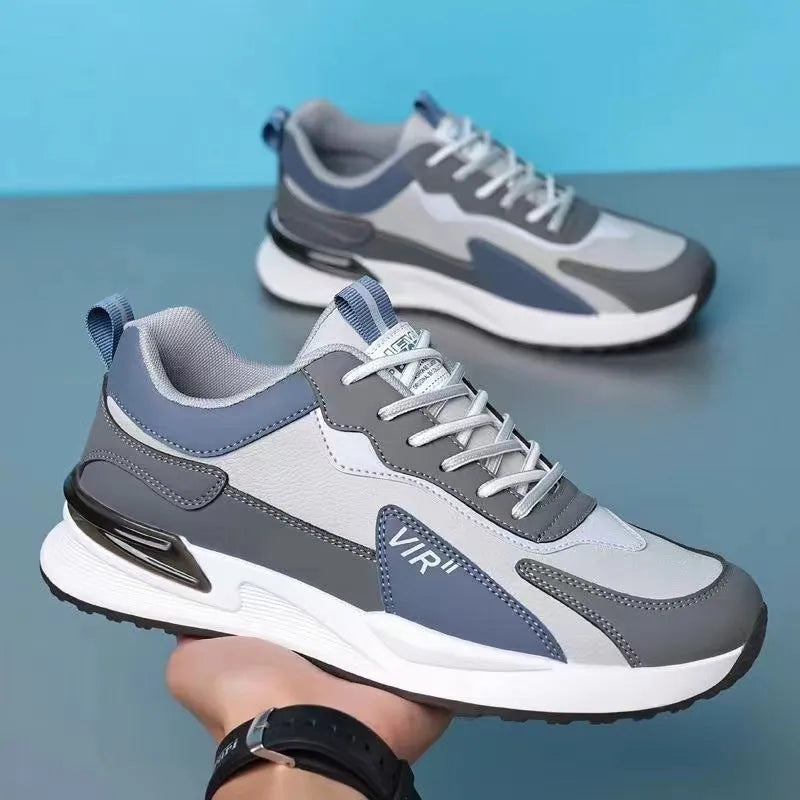 Men's colour block mesh lace-up running shoes in black, grey, or white with low-top round toe.