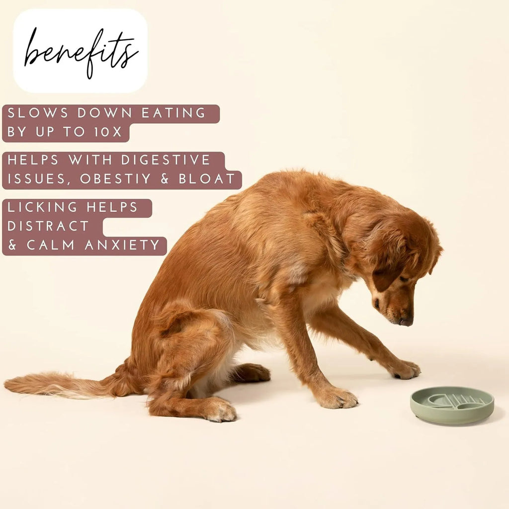 Silicone slow feeder dog bowl with ridges, shown in mustard green colour.