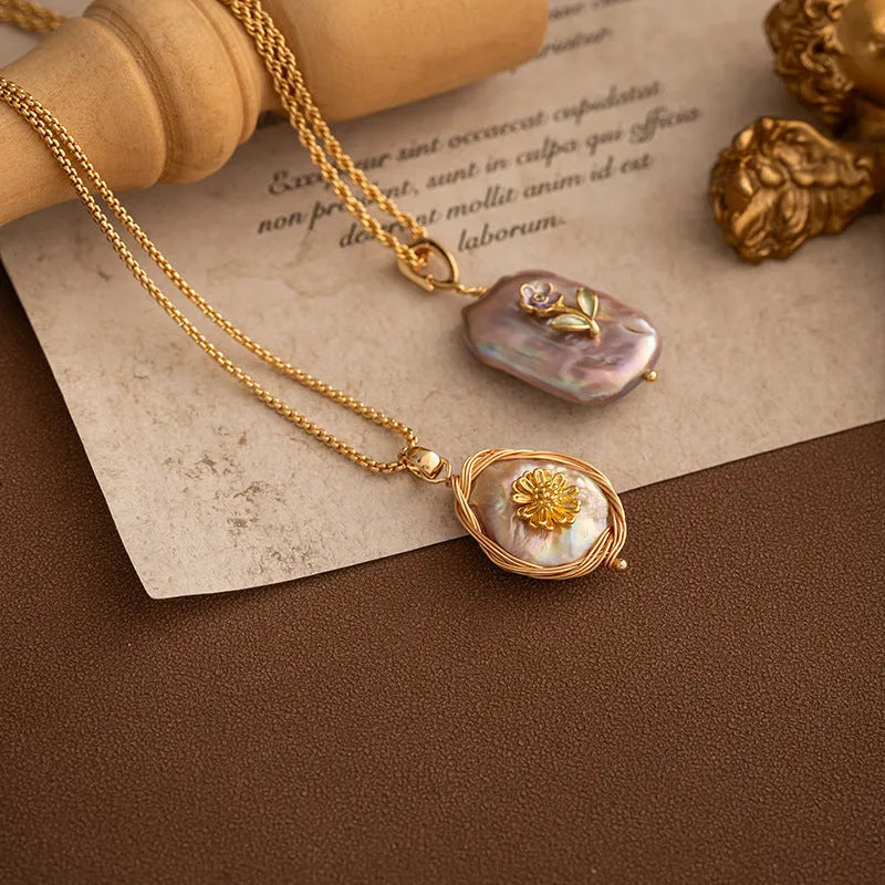 Natural baroque freshwater pearl pendant necklace copper chain geometric quadrilateral pendant mother-of-pearl shell women jewellery 68cm