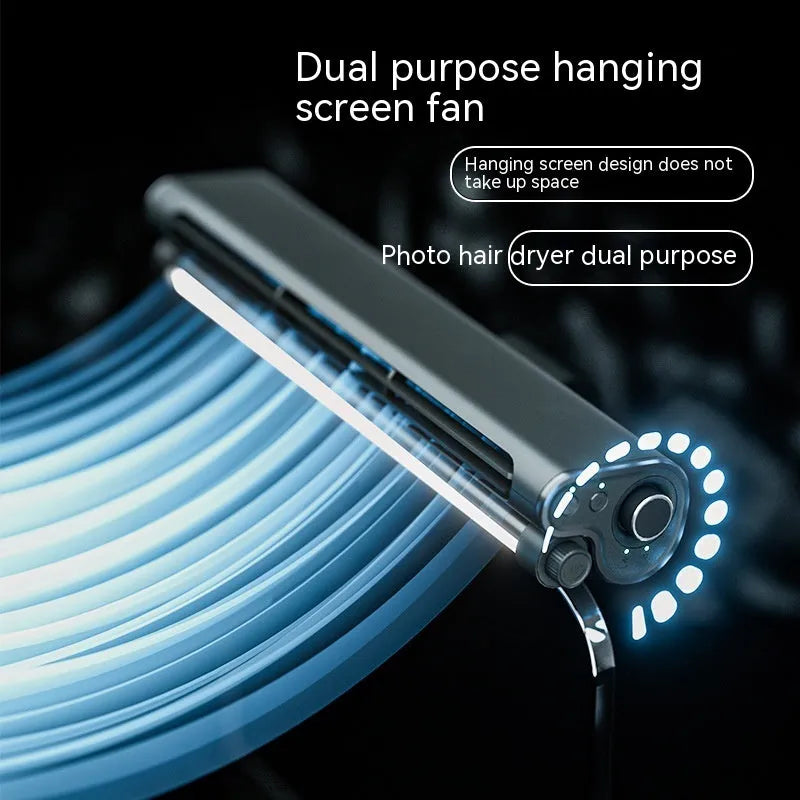 Black USB-powered bladeless clip-on laptop fan with integrated lighting lamp
