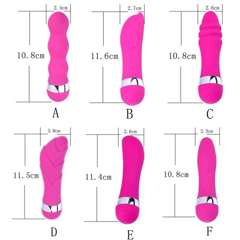 Realistic mini dildo vibrator in integrated plastic with 6 size options A through F for vaginal or anal use