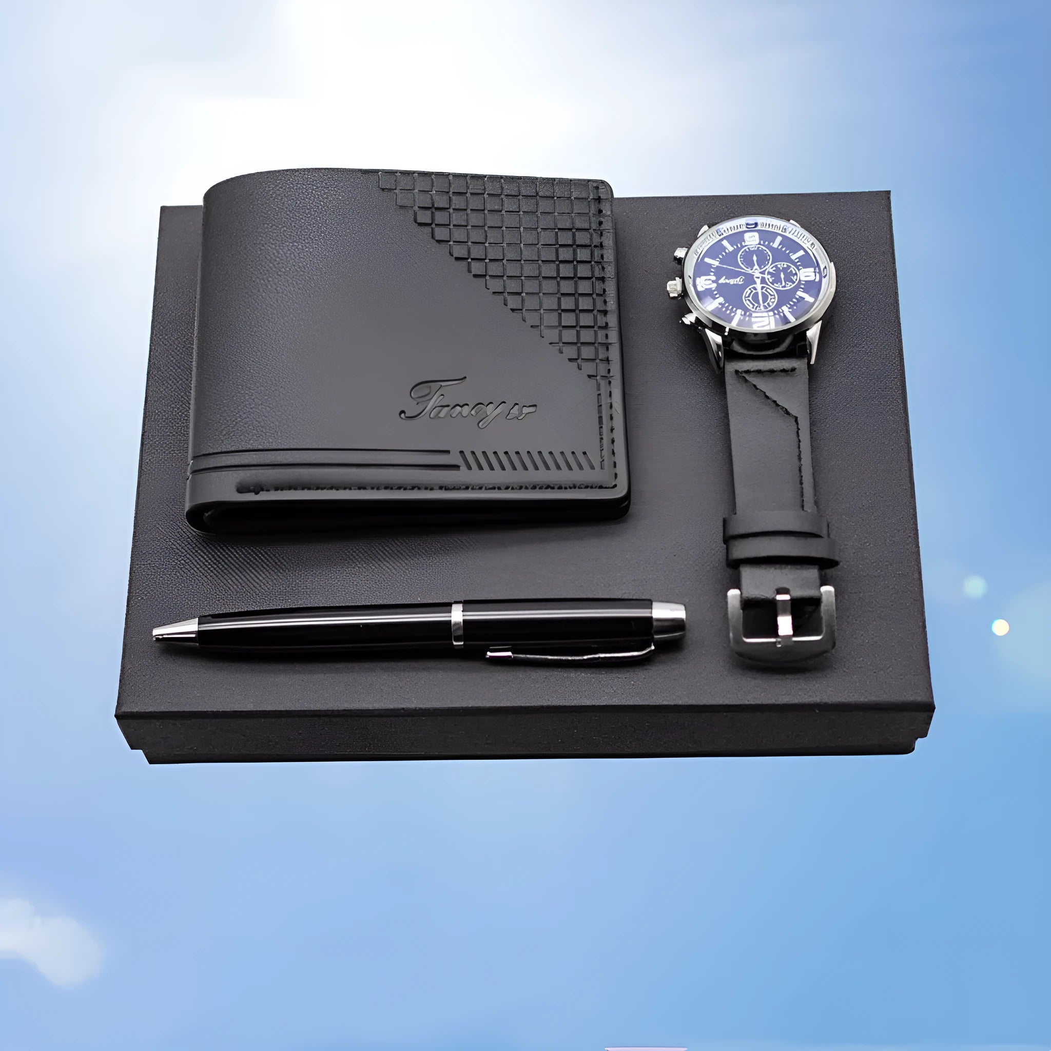 Business gift set containing a watch, wallet, and pen in a gift box, shown in brown and black colour options.