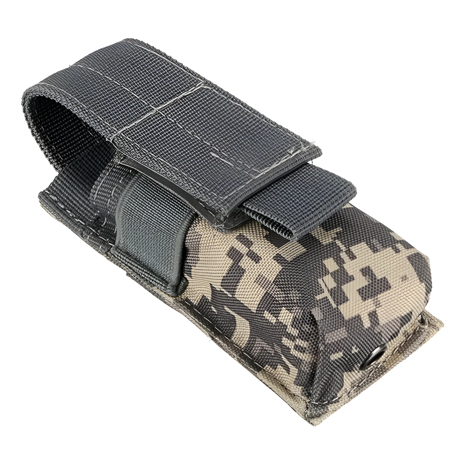 MOLLE-compatible tactical waist bag in black nylon with elastic cord buckle, shown on a belt.
