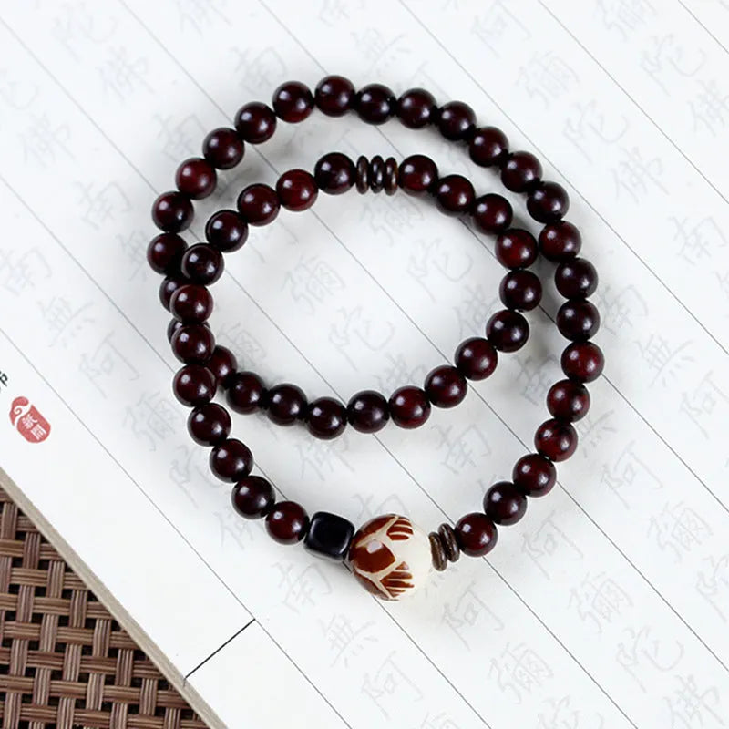 Natural rosewood bracelet with double-ring design, retro floral beads, 10mm, unisex