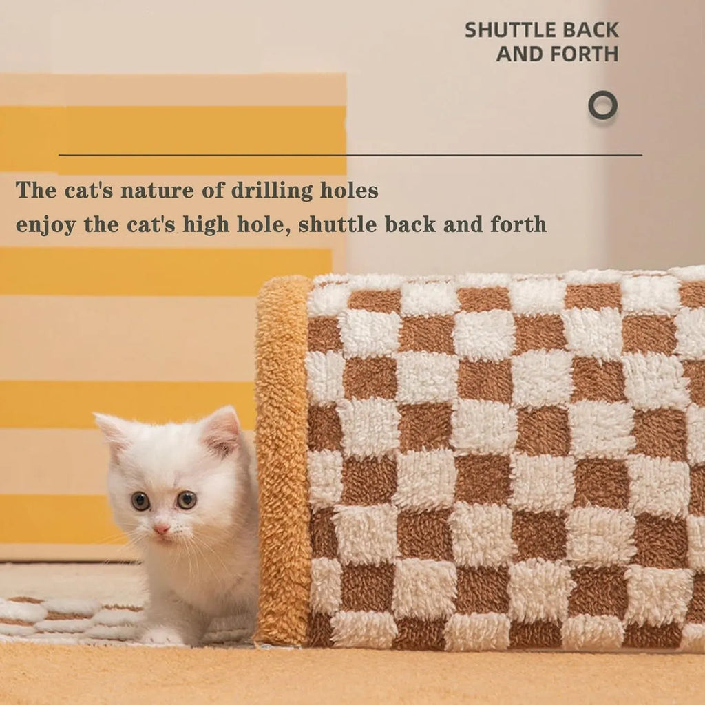 Plush plaid cat tunnel bed with central mat for indoor cats, brown colour, non-slip bottom