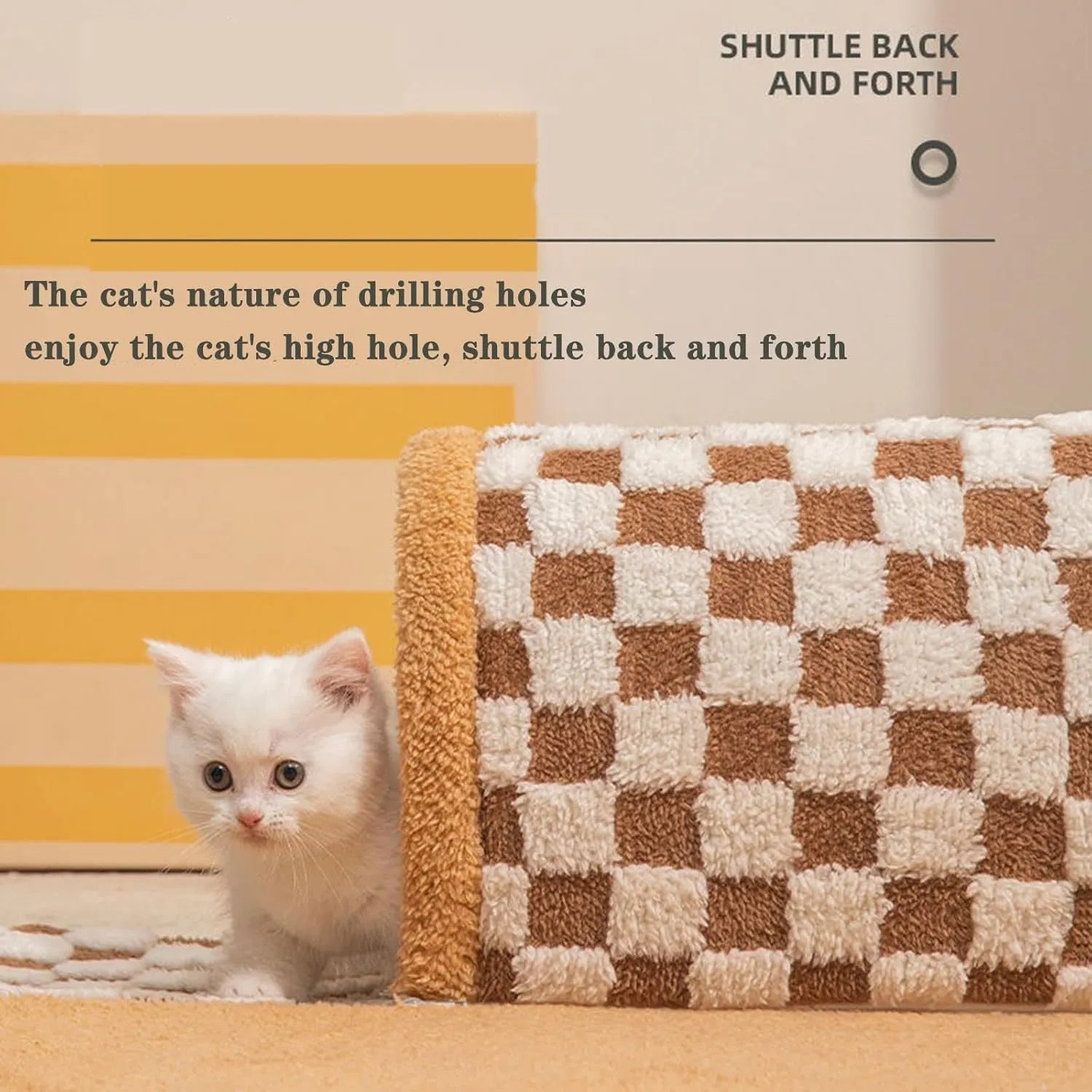 Plush plaid cat tunnel bed with central mat for indoor cats, brown colour, non-slip bottom