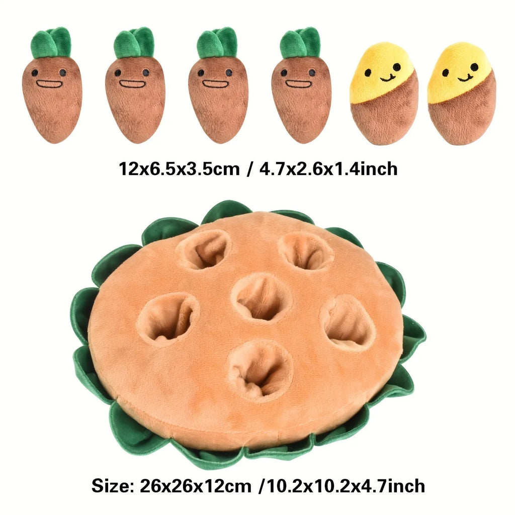 Yellow interactive dog puzzle toy with removable squeaky plush toys on polyester sniffing pad