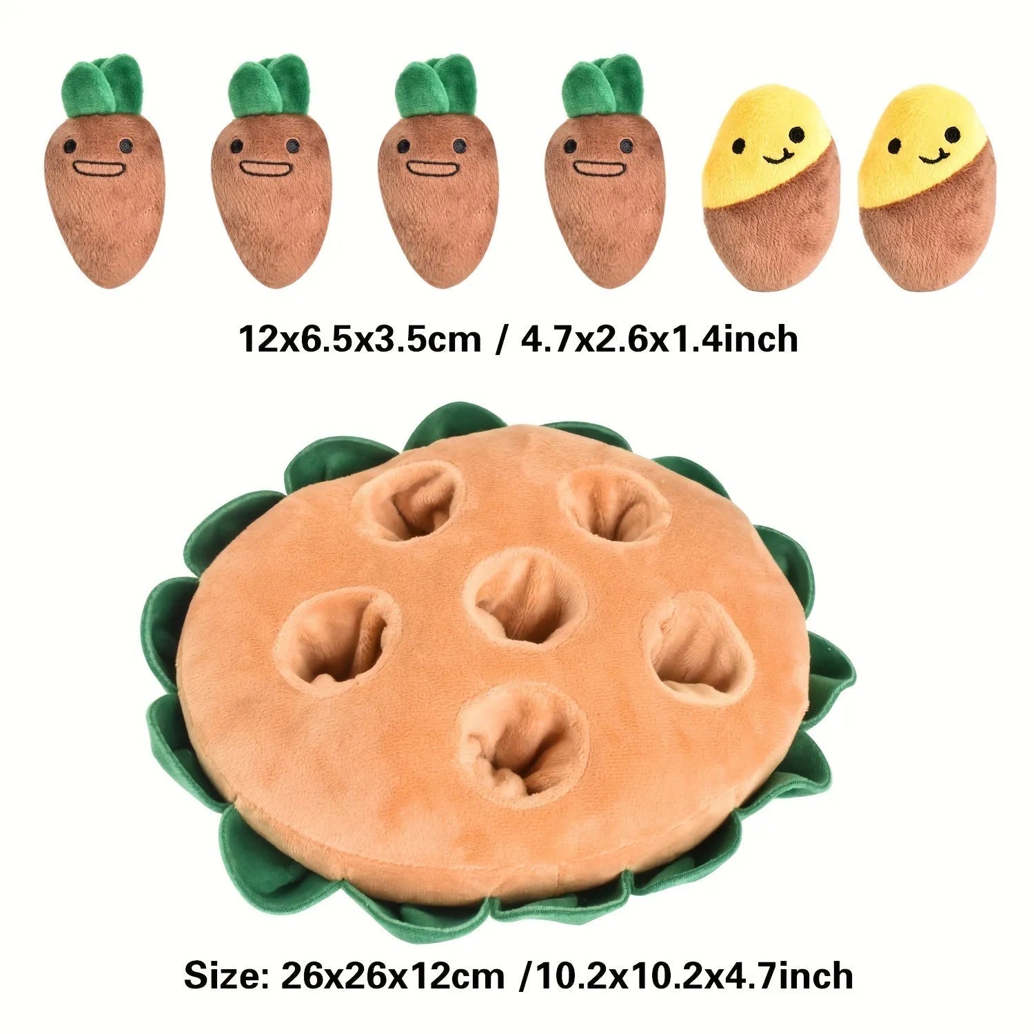 Yellow interactive dog puzzle toy with removable squeaky plush toys on polyester sniffing pad