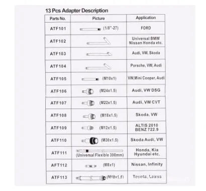 13-piece transmission oil refuelling kit with automatic transmission injector tool and wave box connector