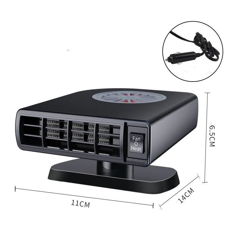 Black vehicle-mounted 12V car heater with adjustable vent for defogging and cabin heating