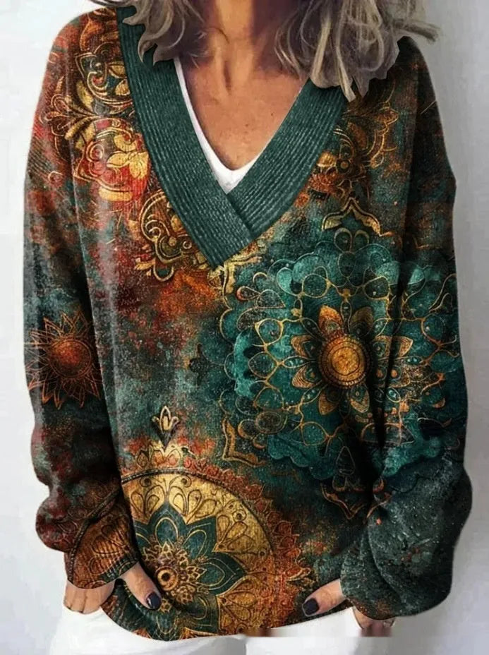Women's floral print V-neck long sleeve sweatshirt with 3D pattern effect