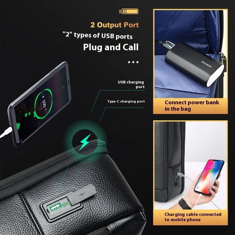 Black genuine leather men's business backpack with USB port and curved shoulder straps