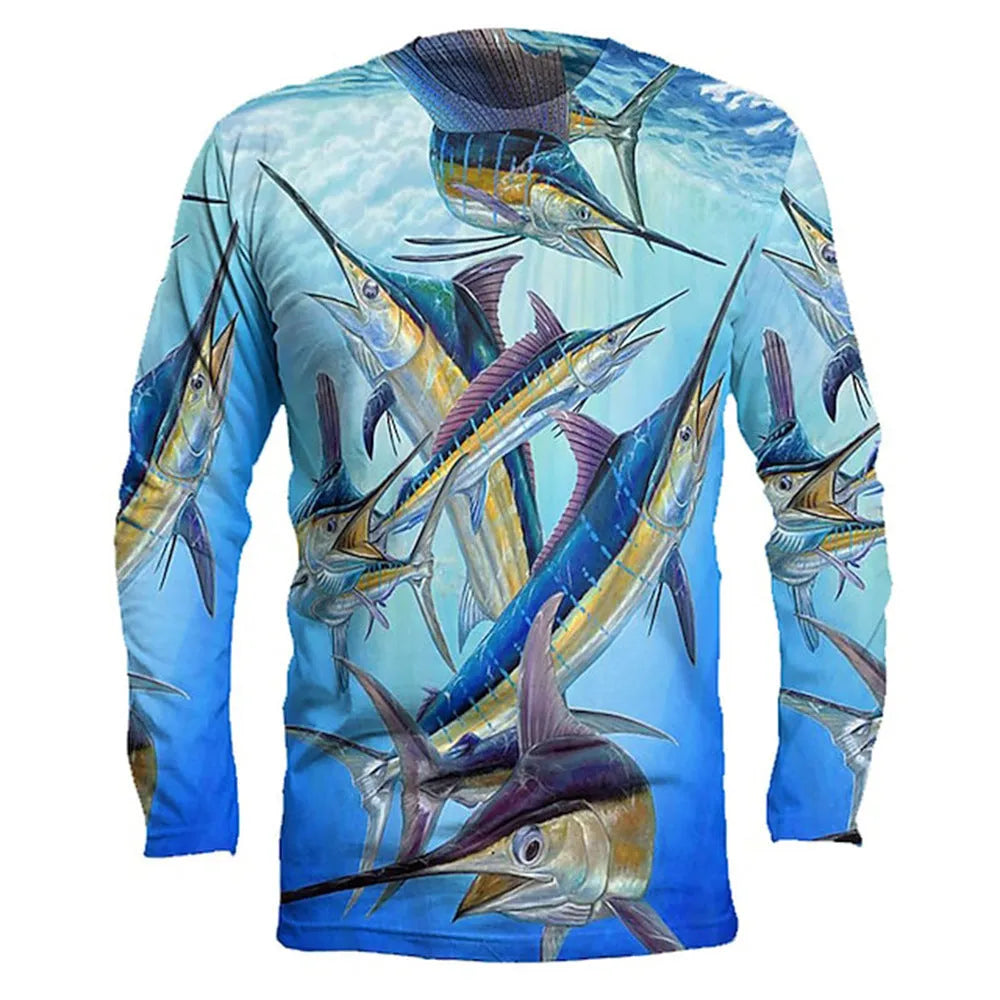 Men's grey pullover with a colourful fish print on the chest, showing round neck and long sleeves.