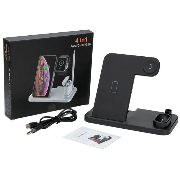 Foldable 4-in-1 wireless charging station for iPhone, Apple Watch, AirPods and Apple Pencil on a desk