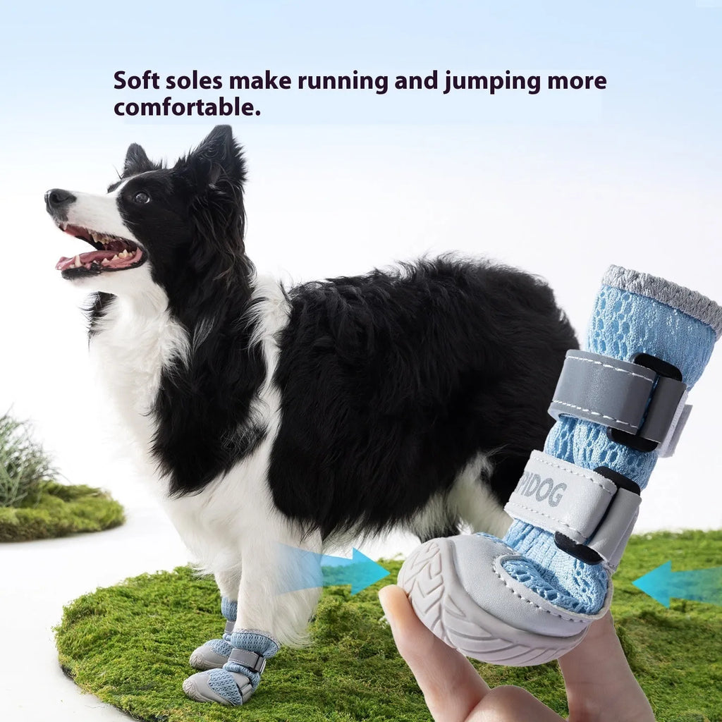 Pair of light blue cartoon-style dog shoes on a white background.