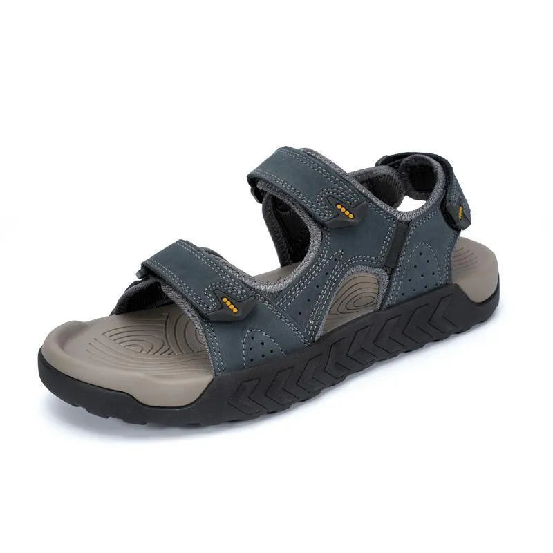 Men's breathable beach sandals with first layer cowhide upper and rubber sole in dark gray