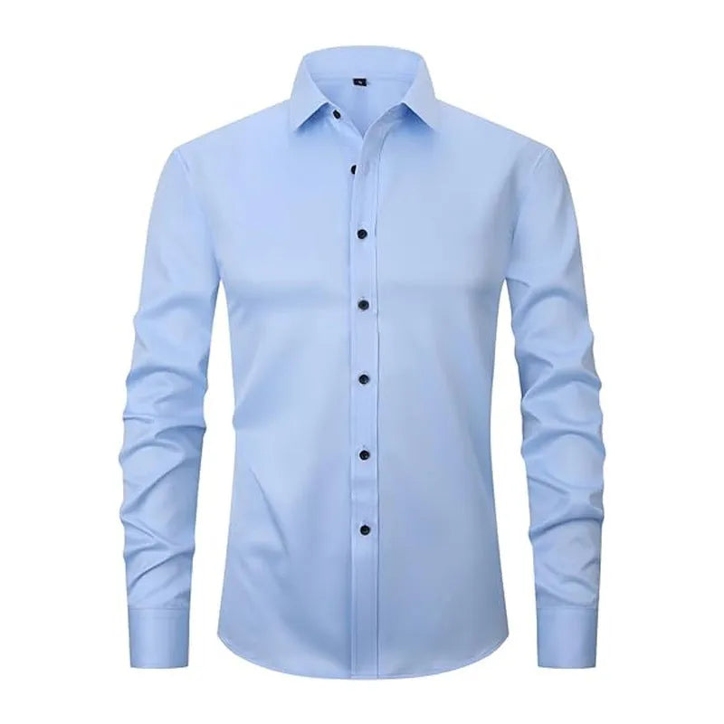 Men's stretch long sleeve work shirt in polyester on a hanger