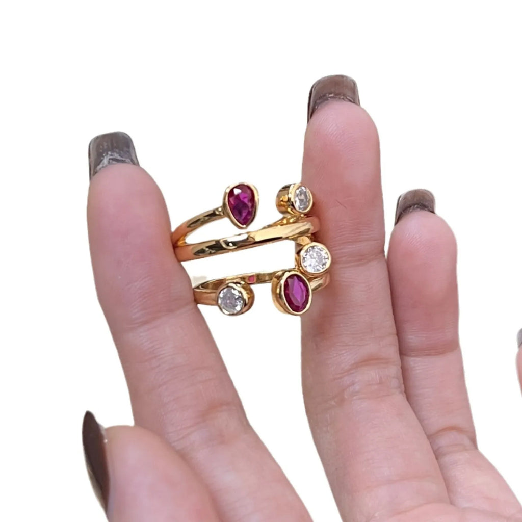Copper geometric ring with irregular crossed design and grouped diamonds in two-tone colours
