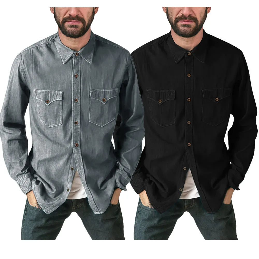 Men's regular fit denim cardigan coat in khaki, shown open as a front layer.